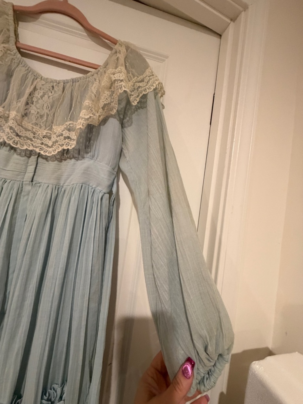 Gunne Sax VINTAGE Light Blue gauze lace maxi prairie dress hippie wedding hobo - Picture 12 of 16